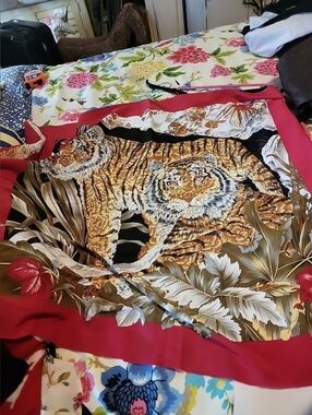 Vintage Tiger Print Silk-Like Panel with Red Border